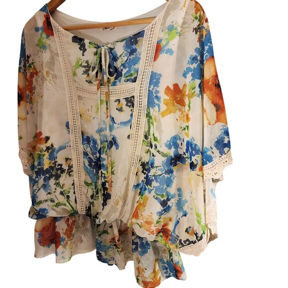 Flowy Oversized Floral Peasant Milkmaid Blouse w/Lace Trim & Tie Neck Sz. S - Picture 3 of 6